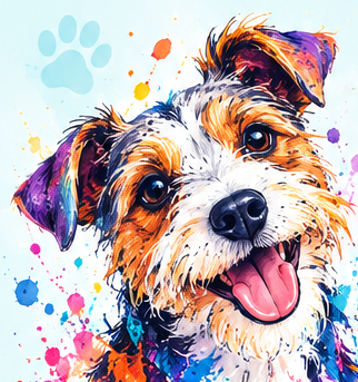 Colorful illustrated portrait of a scruffy terrier