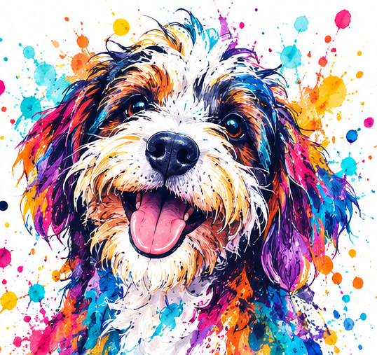 Colorful illustrated portrait of a shaggy, happy dog